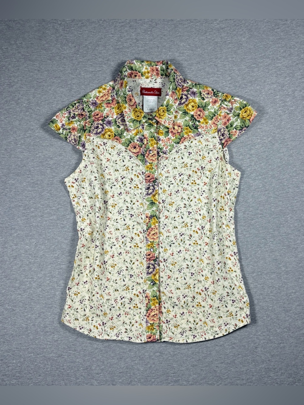Vintage Panhandle Slim Cap Sleeve Pearlsnap Shirt Floral Western Cowgirl Size L